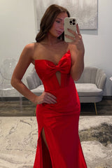 Dreamyannie Simple Corset Red Prom Dress Satin Sweetheart Long Formal Dress With Slit