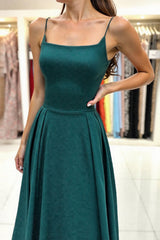 Dreamyannie Simple Dark Green Prom Dress Spaghetti Straps A Line Long Formal Dress With Slit