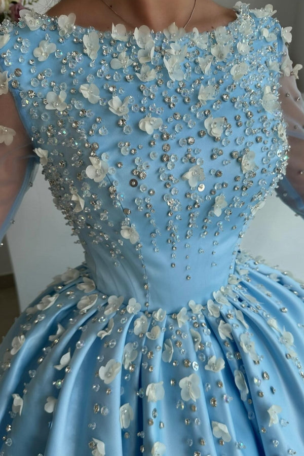 Dreamyannie Sky Blue Prom Dress A Line Satin Rhinestones Formal Dress With Sleeves