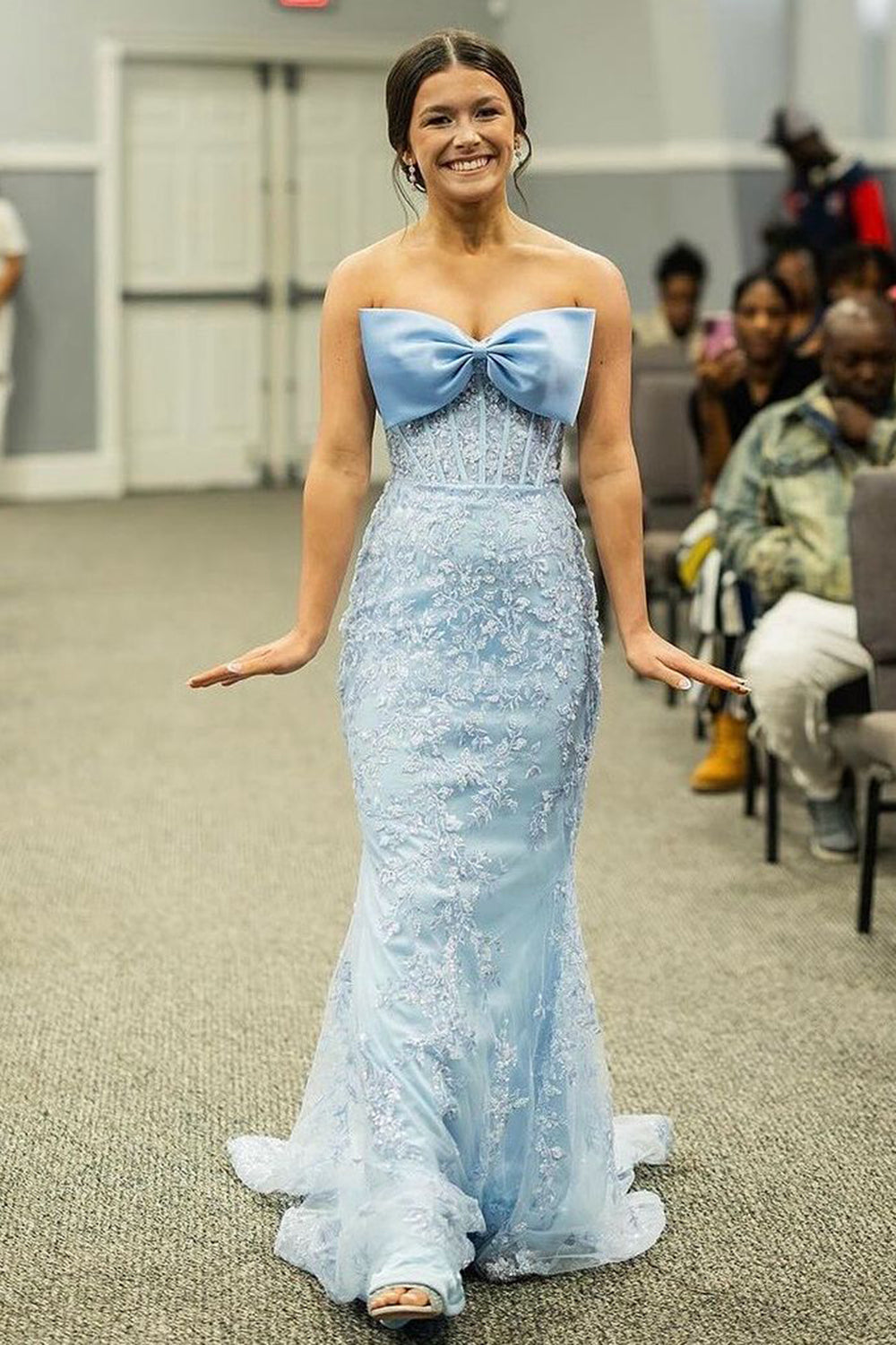 Dreamyannie Sky Blue Prom Dress Floral Mermaid Strapless Long Formal Dress With Bow