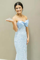 Dreamyannie Sky Blue Prom Dress Floral Mermaid Strapless Long Formal Dress With Bow