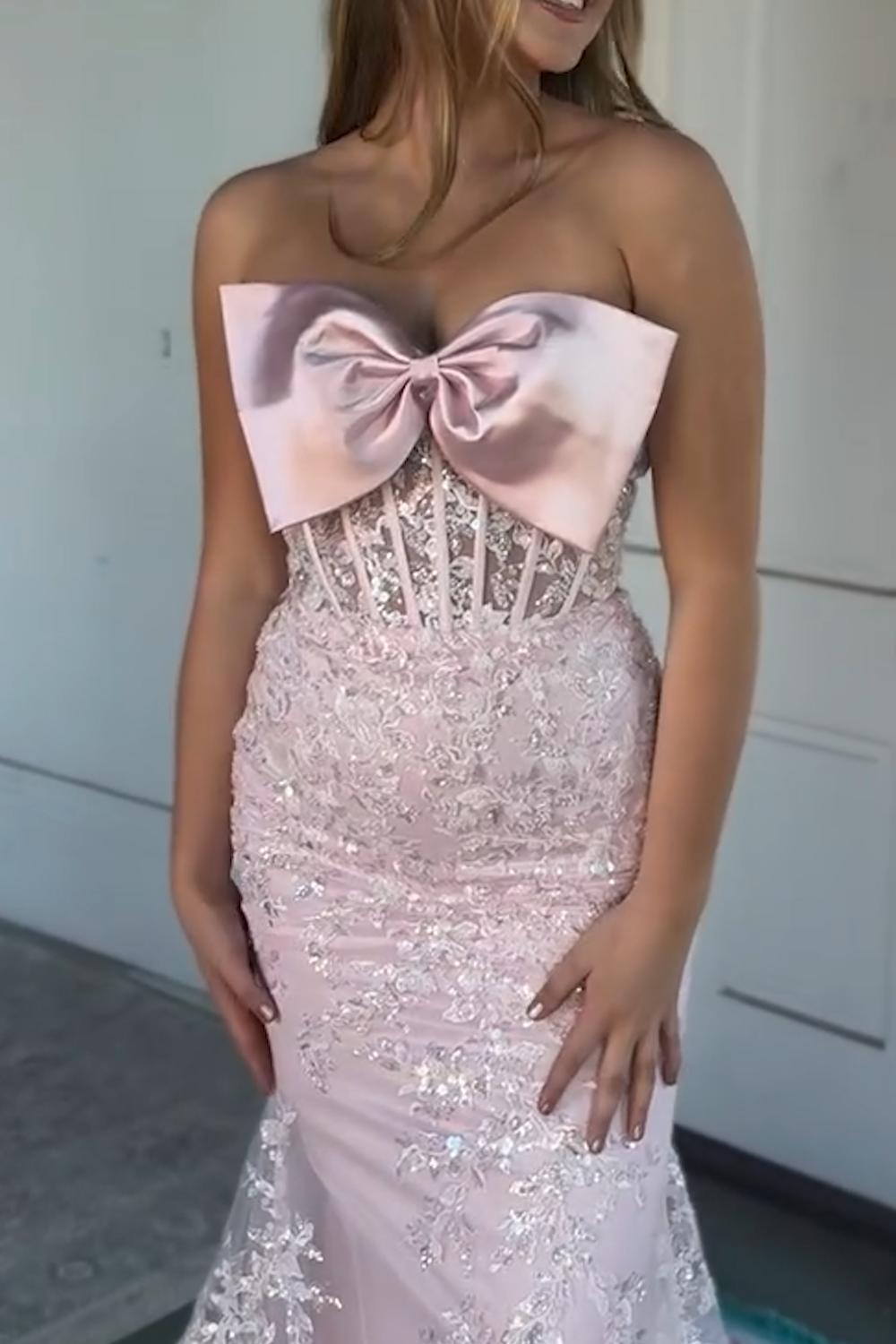 Dreamyannie Sky Blue Prom Dress Floral Mermaid Strapless Long Formal Dress With Bow