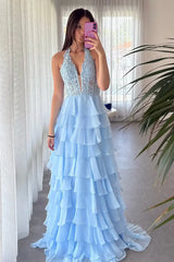 Dreamyannie Sky Blue Prom Dress Ruffled Halter Corset Formal Dress With Slit