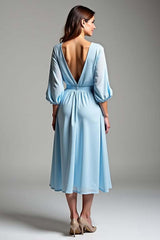 Dreamyannie Sky Blue Wedding Guest Dress V-Neck Knee-Length Formal Dress With Half Sleeves