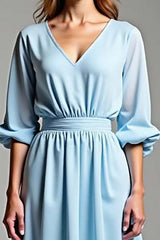 Dreamyannie Sky Blue Wedding Guest Dress V-Neck Knee-Length Formal Dress With Half Sleeves