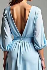 Dreamyannie Sky Blue Wedding Guest Dress V-Neck Knee-Length Formal Dress With Half Sleeves