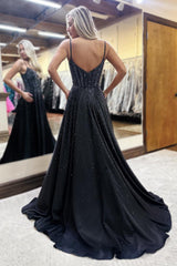 Dreamyannie Spaghetti Straps Black Prom Dress A Line Long Formal Dress With Beadings