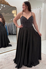 Dreamyannie Spaghetti Straps Black Prom Dress A Line Long Formal Dress With Beadings