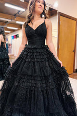 Dreamyannie Spaghetti Straps Black Prom Dress Ruffled Long Formal Dress