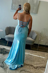 Dreamyannie Spaghetti Straps Corset Light Blue Prom Dress Formal Dress With Slit