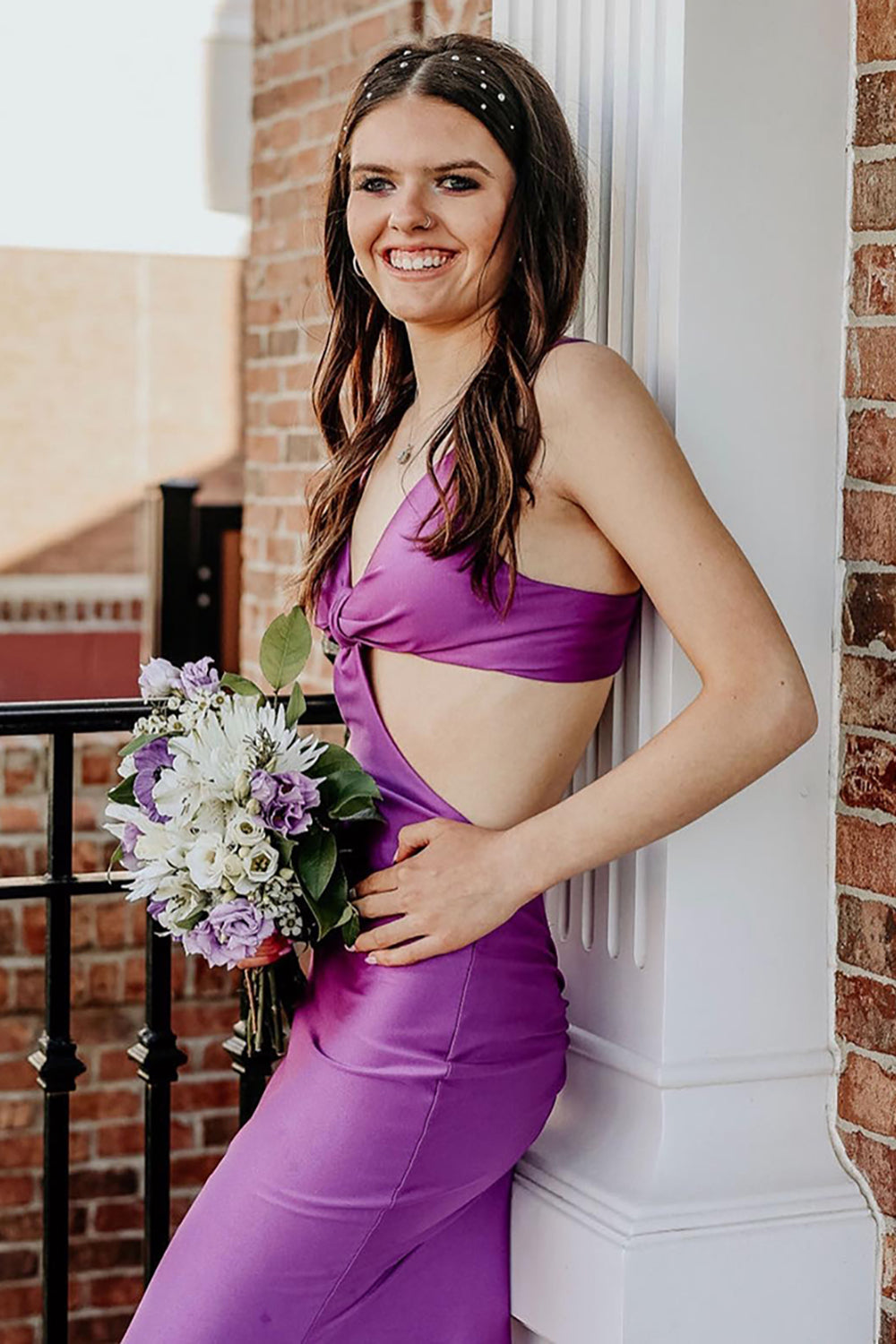 Dreamyannie Spaghetti Straps Cut Out Fuchsia Prom Dress Long Formal Dress With Slit