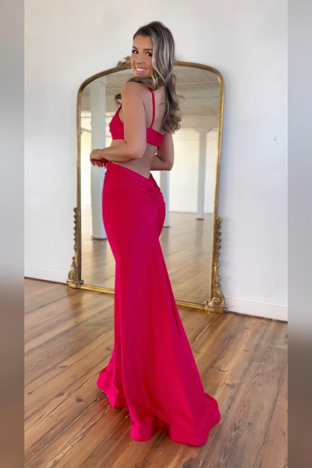 Dreamyannie Spaghetti Straps Cut Out Fuchsia Prom Dress Long Formal Dress With Slit