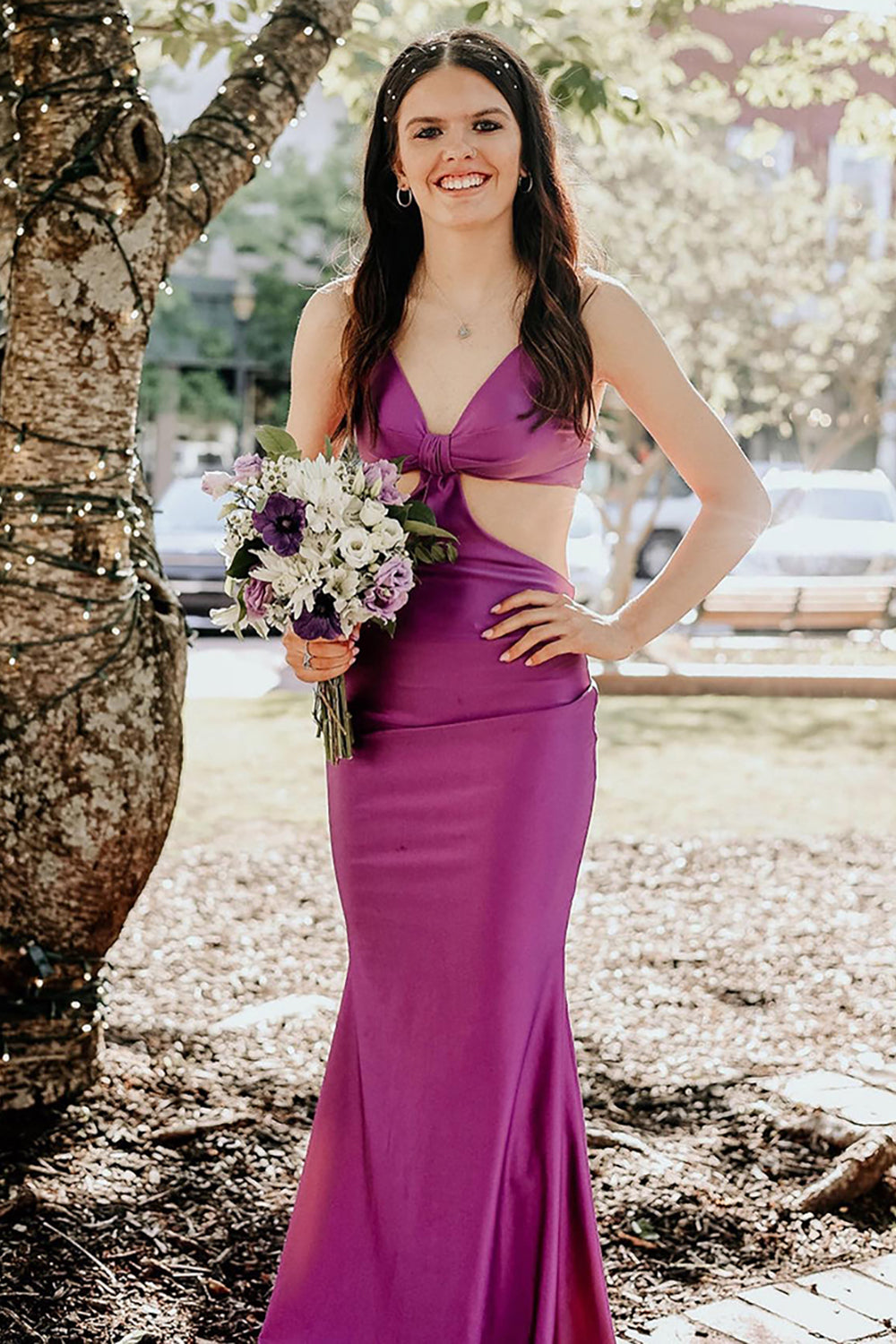 Dreamyannie Spaghetti Straps Cut Out Fuchsia Prom Dress Long Formal Dress With Slit