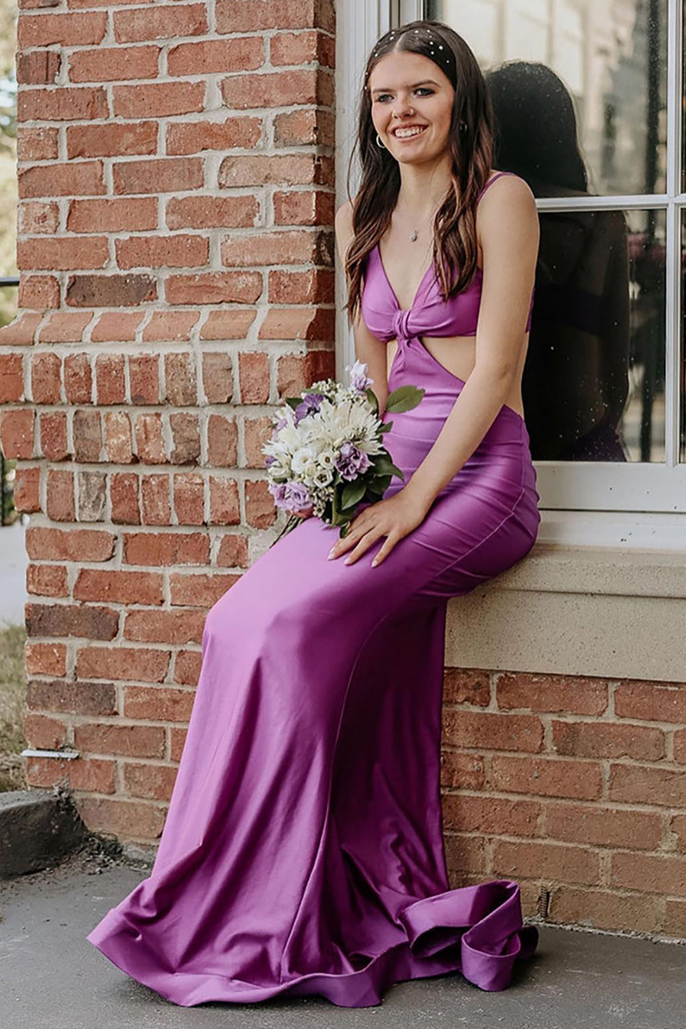 Dreamyannie Spaghetti Straps Cut Out Fuchsia Prom Dress Long Formal Dress With Slit