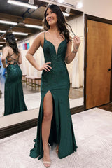Dreamyannie Spaghetti Straps Floral Dark Green Prom Dress Formal Dress With Slit