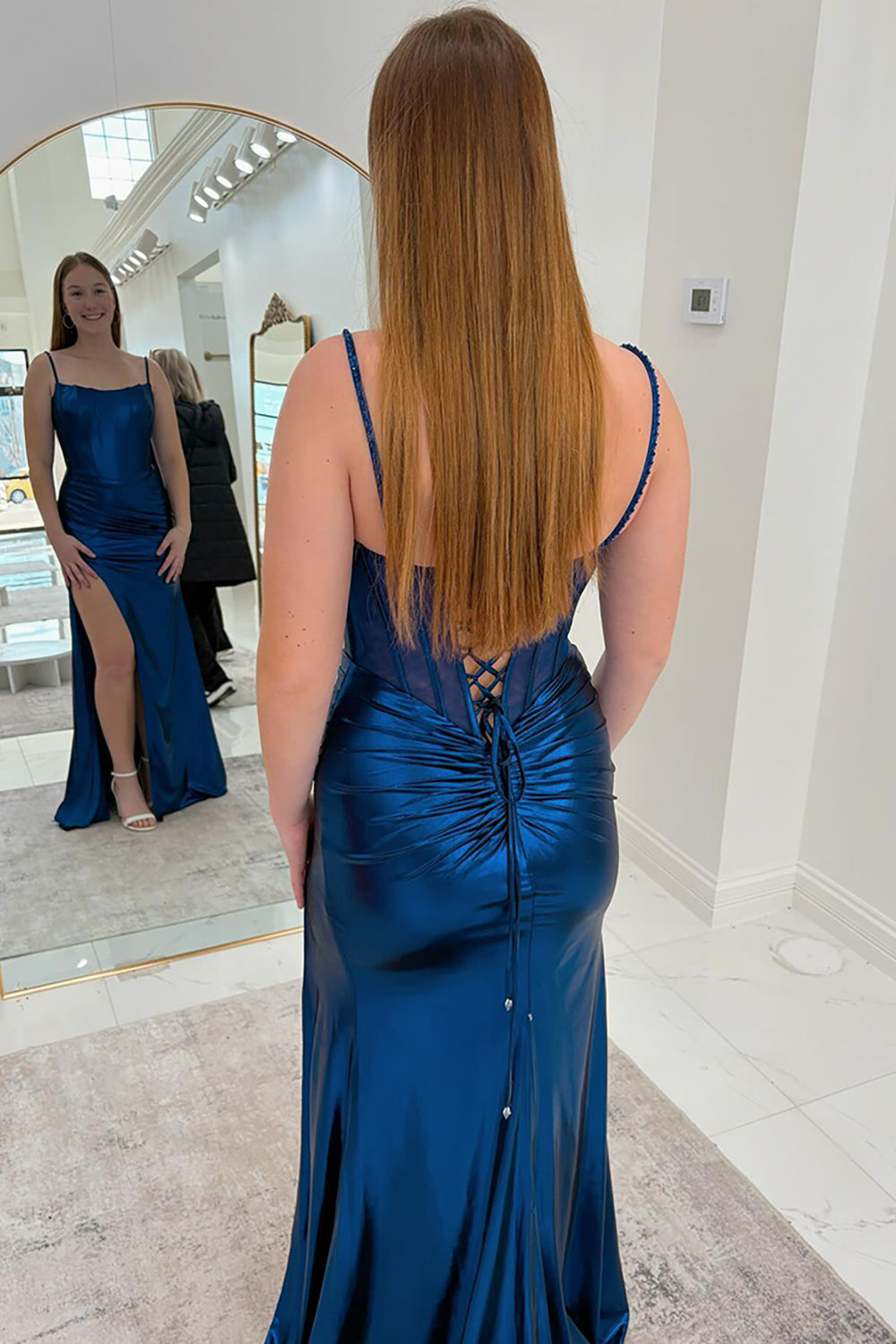 Dreamyannie Spaghetti Straps Gold Prom Dress Metallic Long Formal Dress With Slit