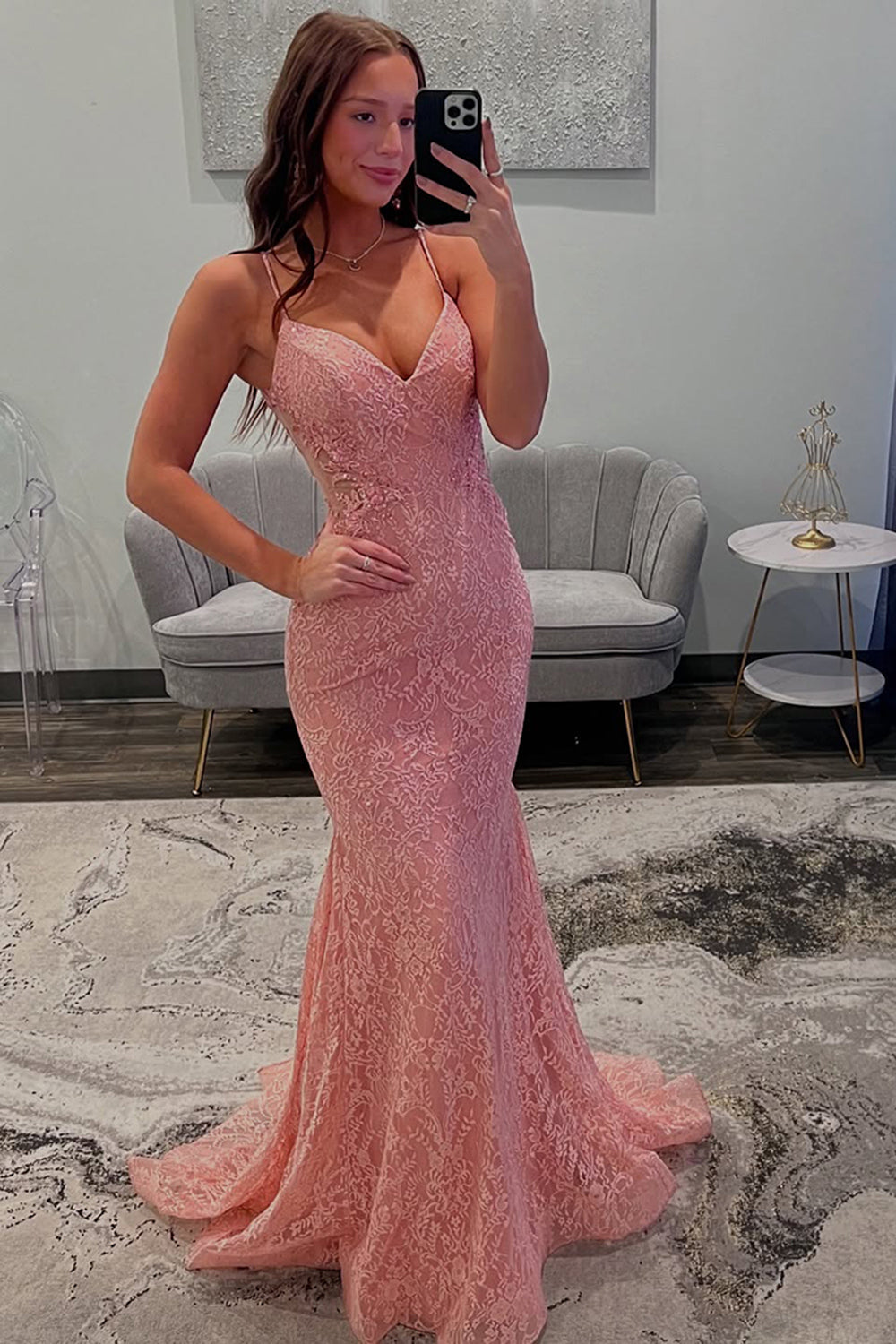 Dreamyannie Spaghetti Straps Pink Prom Dress Lace Long Mermaid Formal Dress