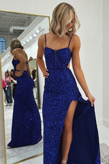 Dreamyannie Spaghetti Straps Royal Blue Prom Dress Memraid Long Formal Dress With Slit