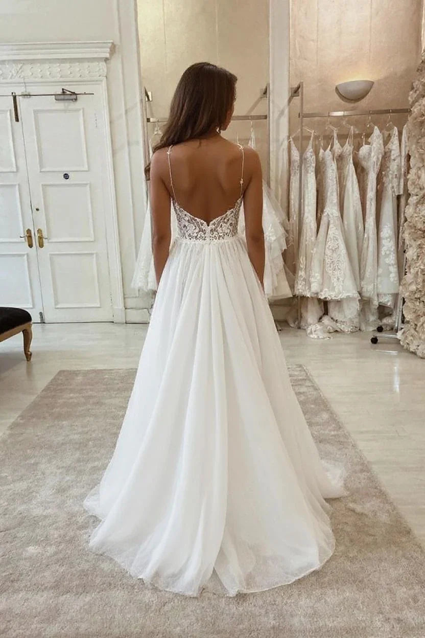 Dreamyannie Spaghetti Straps Wedding Dress A Line Tulle Bridal Dress with Lace Appliques