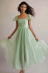 Dreamyannie Square Neck Long A Line Light Green Wedding Guest Dress Formal Dress