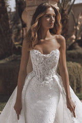 Dreamyannie Strapless Beach Wedding Dress Corset Lace Appliques Bridal Gown with Detachable Train