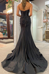 Dreamyannie Sweetheart Black Prom Dress Mermaid Hollow Out Corset Long Formal Dress With Slit