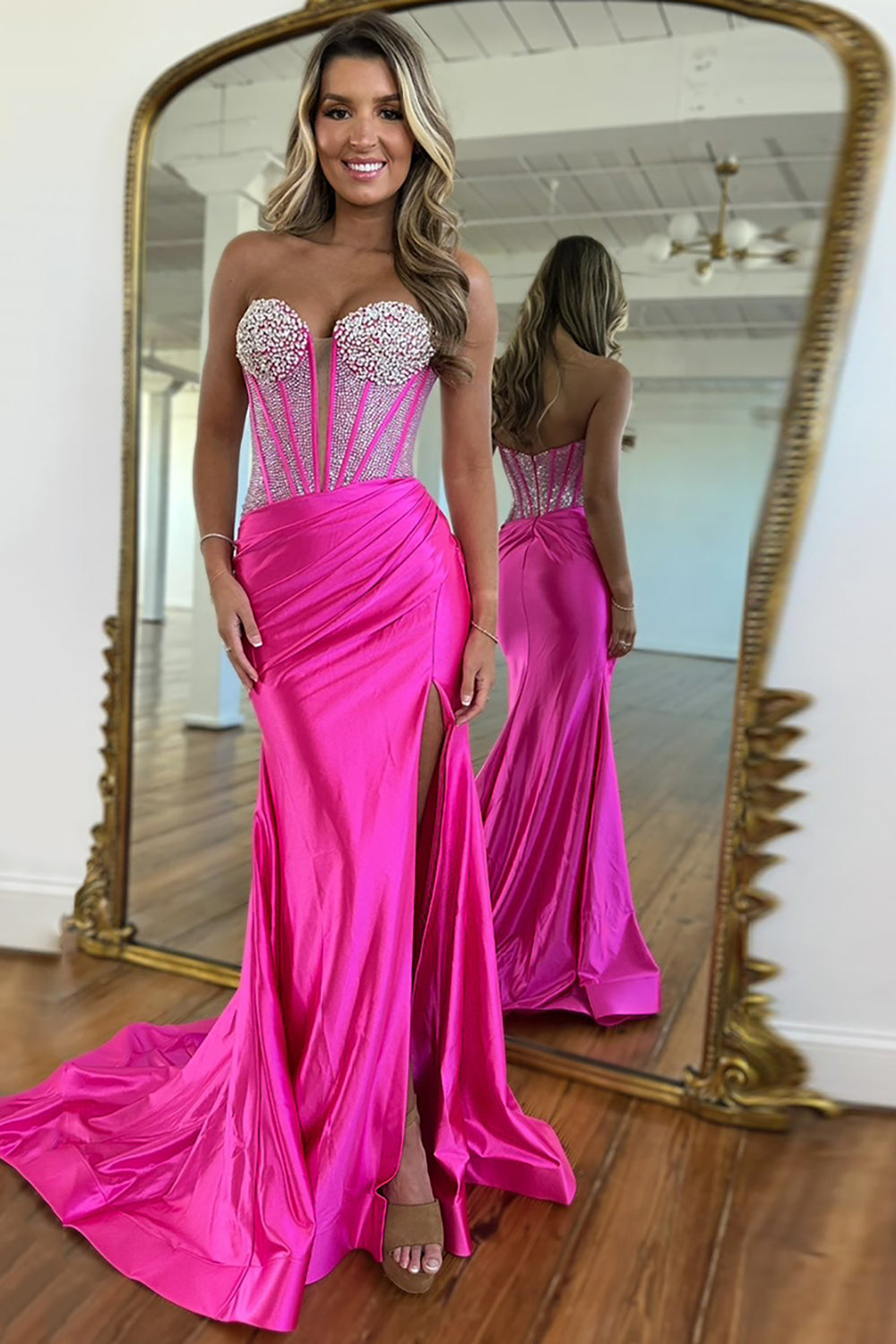 Dreamyannie Sweetheart Corset Blush Prom Dress Mermaid Formal Dress With Slit