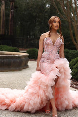 Dreamyannie Sweetheart Pink Prom Dress Beaded Lace Strapless Pretty Formal Dress