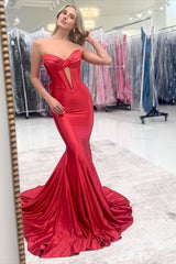 Dreamyannie Sweetheart Red Prom Dress Cut Out Mermaid Long Formal Dress
