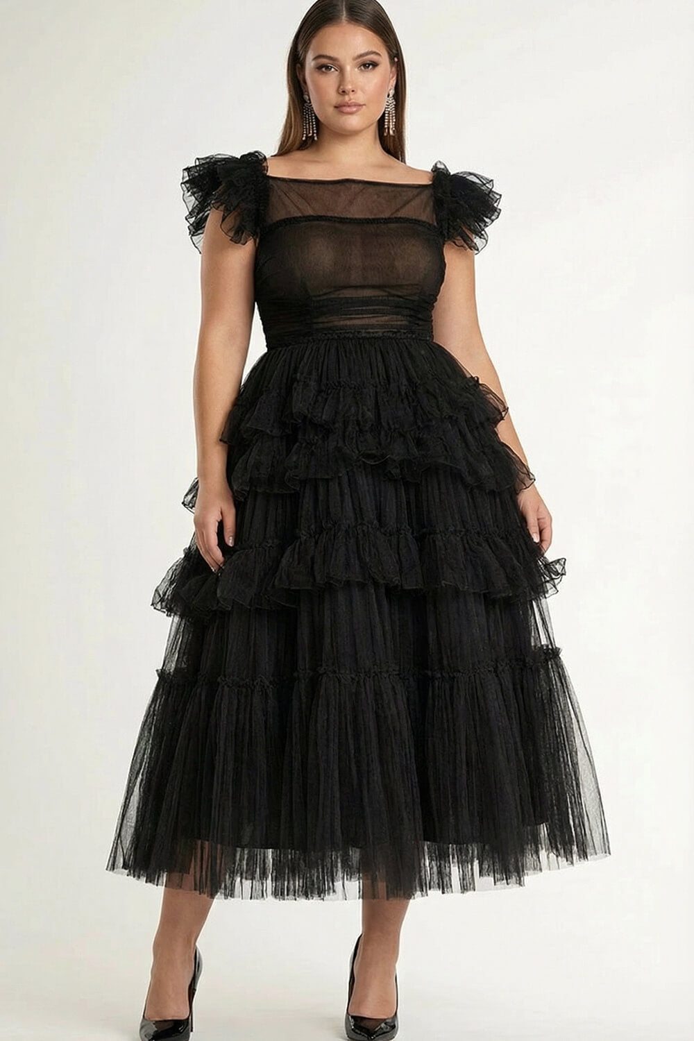 Dreamyannie Tea Length Black Wedding Guest Dress A-Line Flatter Sleeves Tulle Formal Dress With Ruffles