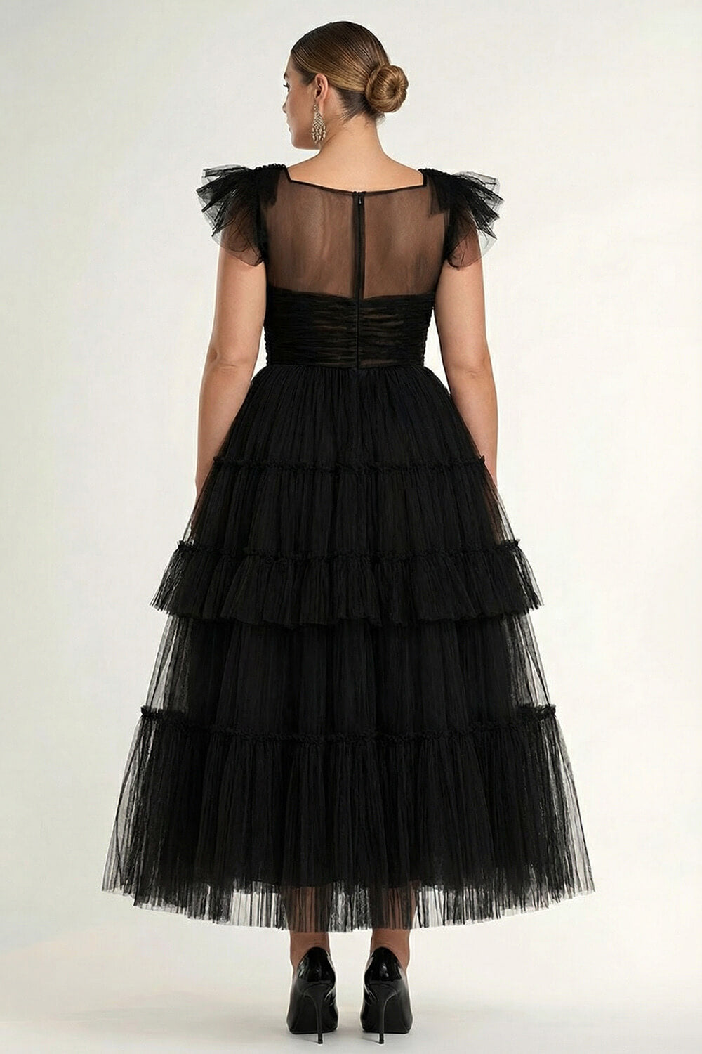 Dreamyannie Tea Length Black Wedding Guest Dress A-Line Flatter Sleeves Tulle Formal Dress With Ruffles