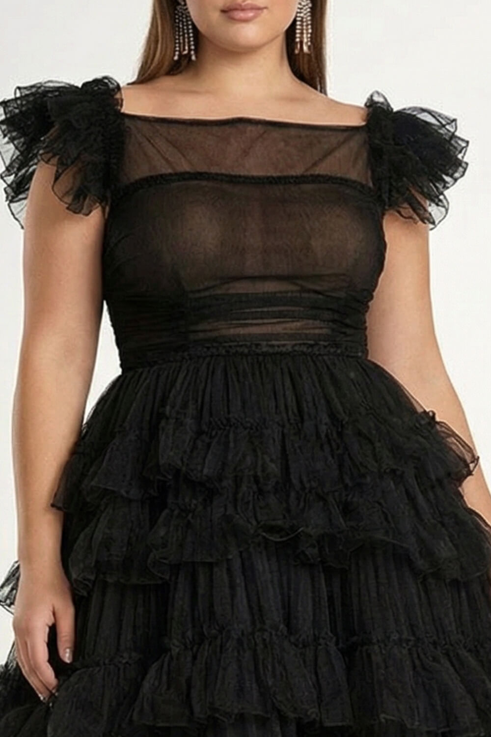 Dreamyannie Tea Length Black Wedding Guest Dress A-Line Flatter Sleeves Tulle Formal Dress With Ruffles