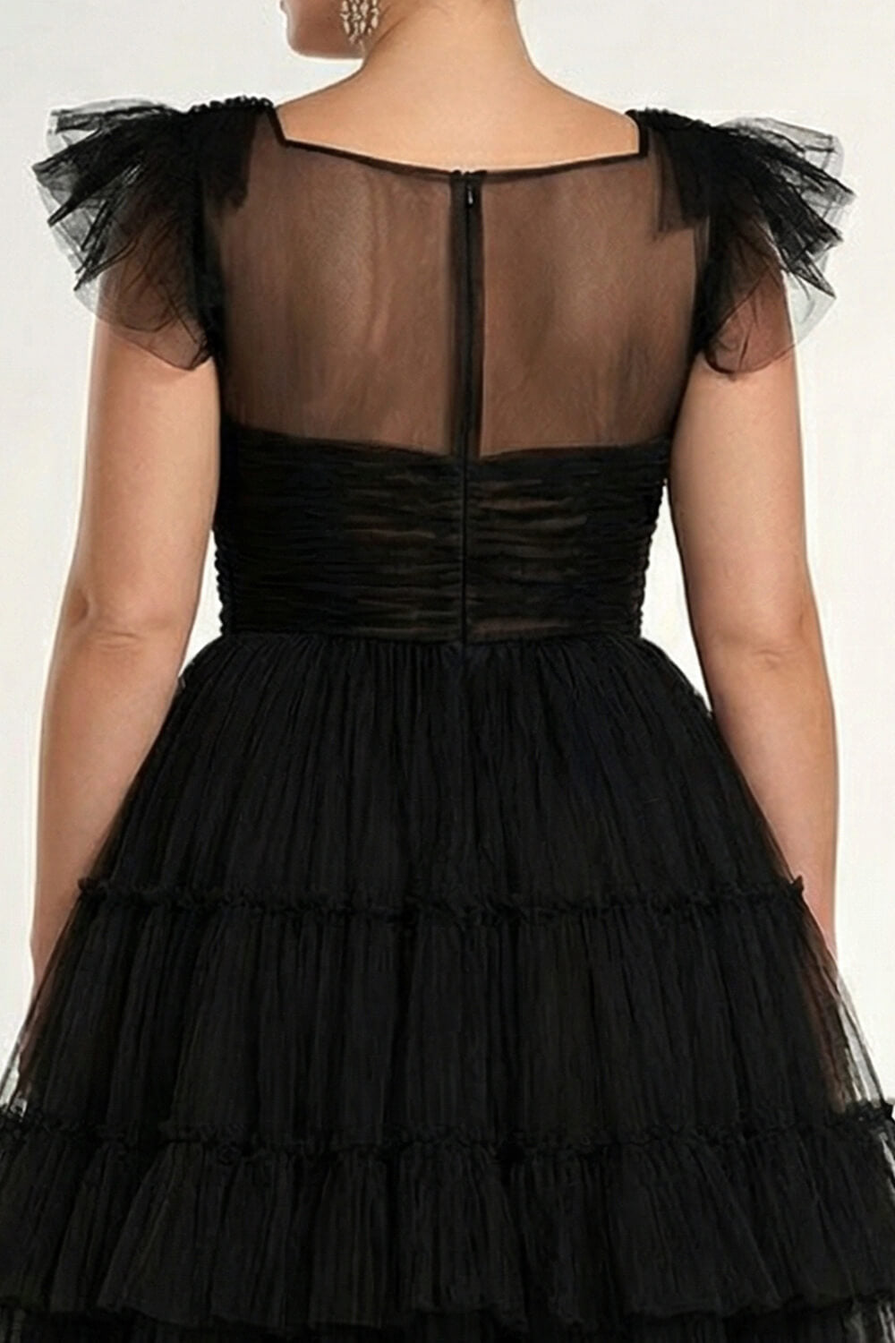 Dreamyannie Tea Length Black Wedding Guest Dress A-Line Flatter Sleeves Tulle Formal Dress With Ruffles