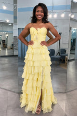 Dreamyannie Tiered Fuchsia Prom Dress A-Line Sweetheart Formal Dress With Slit