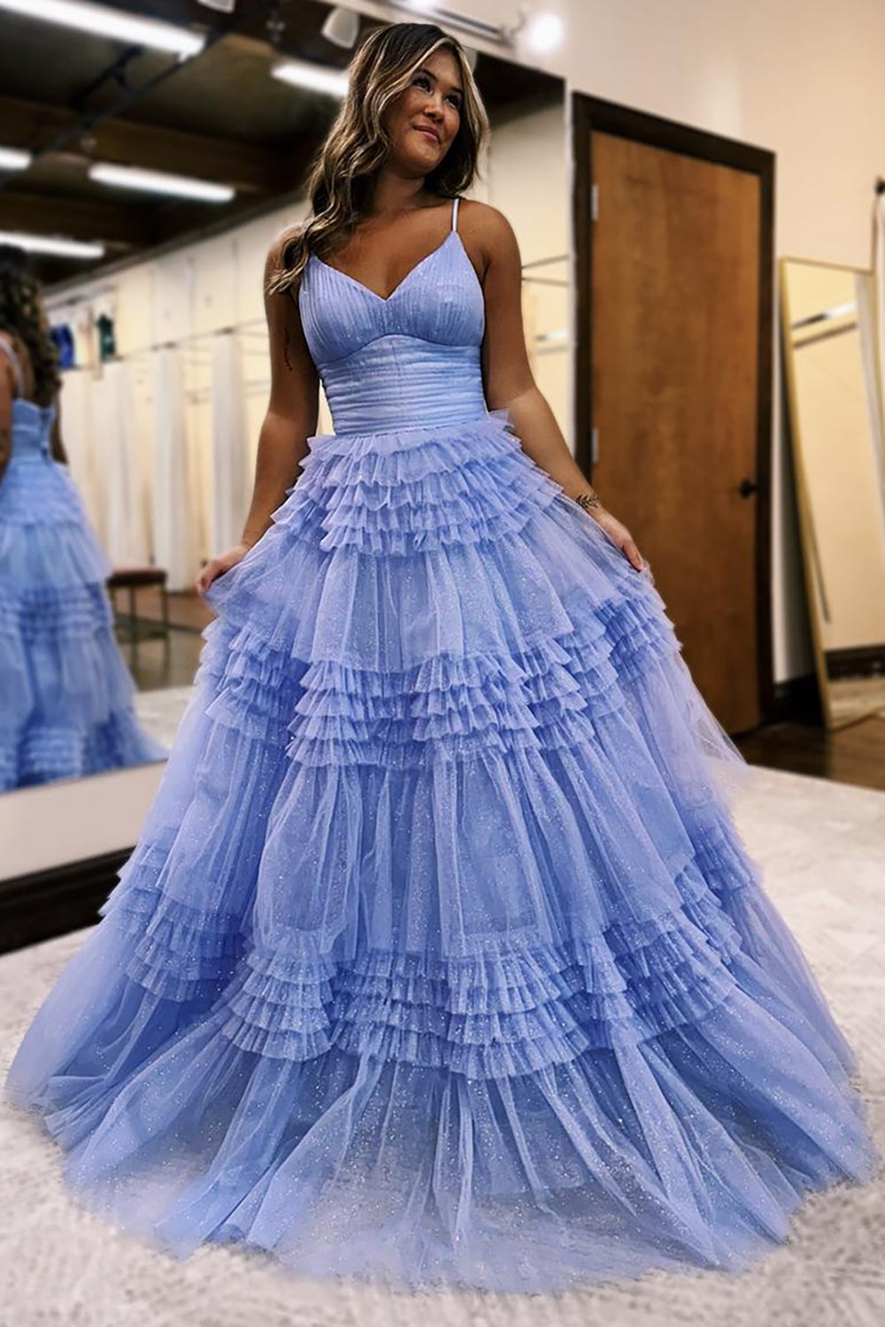 Dreamyannie Tulle Spaghetti Straps Sage Prom Dress Ruffled Long Formal Dress