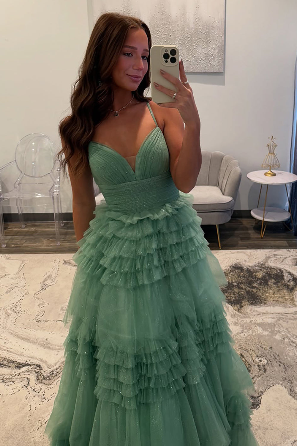 Dreamyannie Tulle Spaghetti Straps Sage Prom Dress Ruffled Long Formal Dress