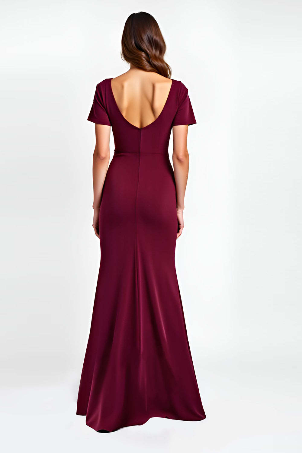 Dreamyannie V-Neck Burgundy Wedding Guest Dress Short Sleeves Long Formal Dress