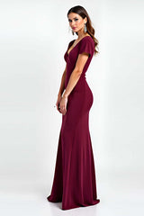 Dreamyannie V-Neck Burgundy Wedding Guest Dress Short Sleeves Long Formal Dress