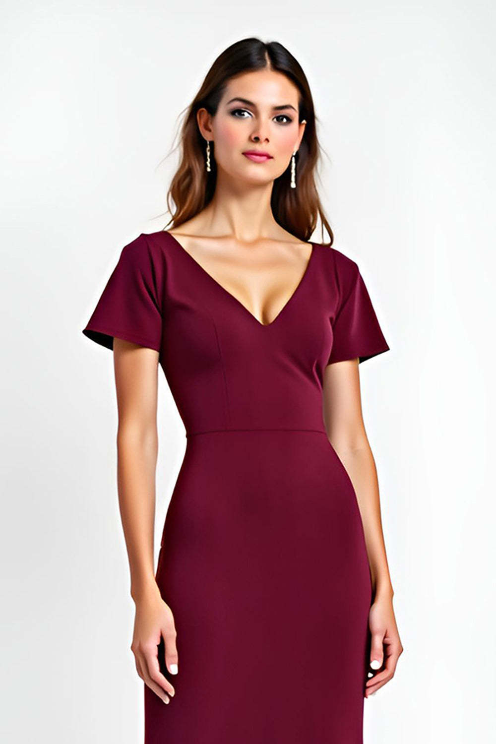 Dreamyannie V-Neck Burgundy Wedding Guest Dress Short Sleeves Long Formal Dress
