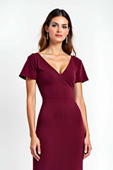 Dreamyannie V-Neck Burgundy Wedding Guest Dress Short Sleeves Long Formal Dress
