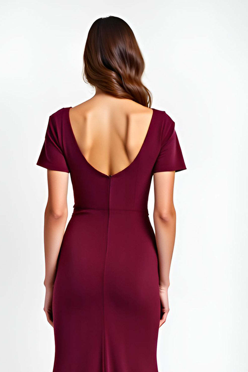 Dreamyannie V-Neck Burgundy Wedding Guest Dress Short Sleeves Long Formal Dress