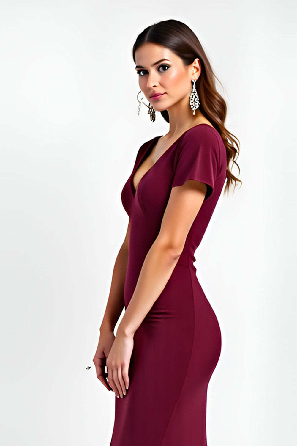 Dreamyannie V-Neck Burgundy Wedding Guest Dress Short Sleeves Long Formal Dress