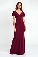 Dreamyannie V-Neck Burgundy Wedding Guest Dress Short Sleeves Long Formal Dress