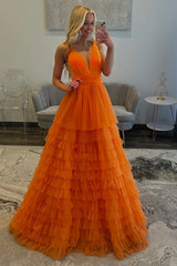 Dreamyannie V-Neck Orange Prom Dress Ruffled A Line Long Tulle Formal Dress