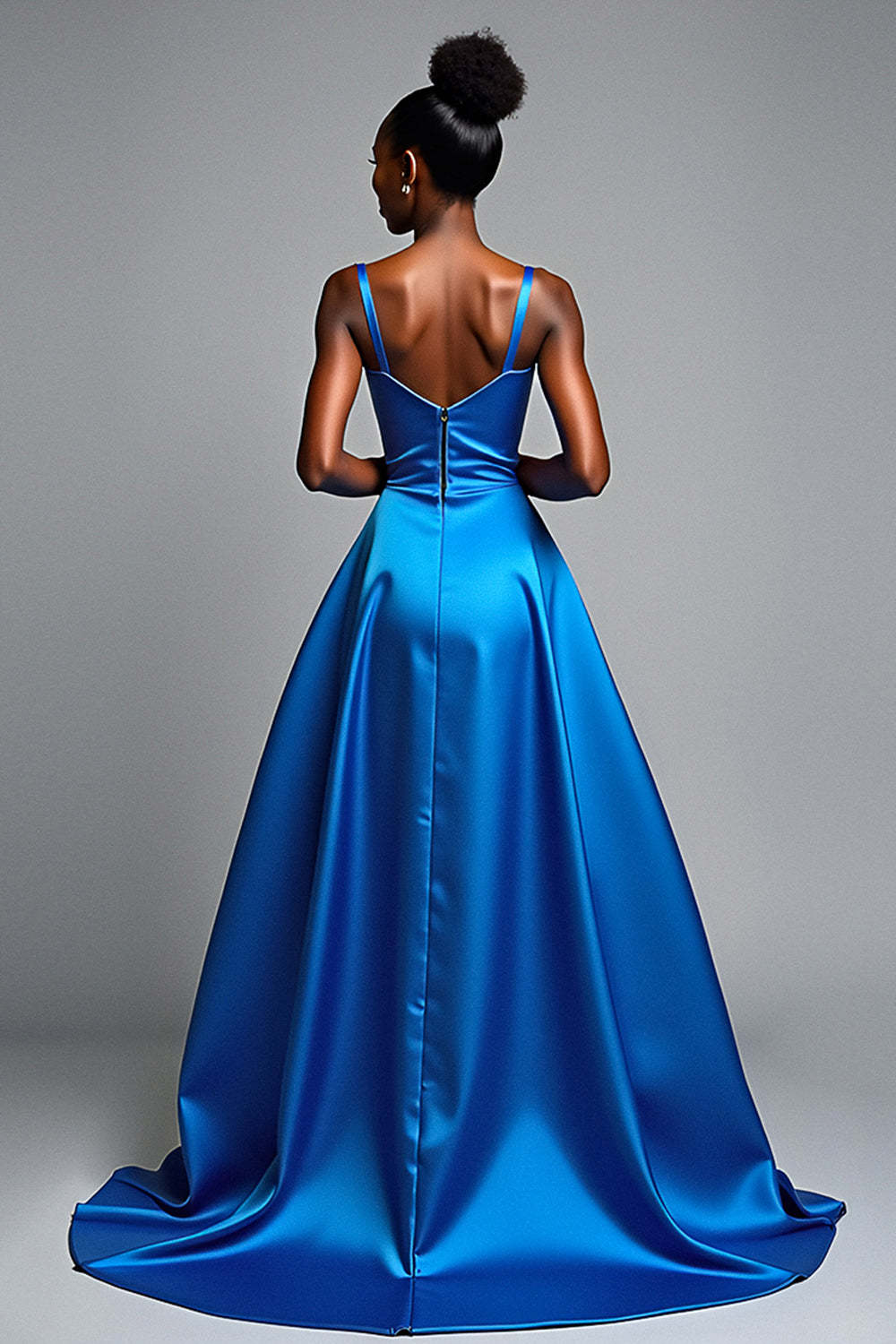 Dreamyannie V-Neck Royal Blue Wedding Guest Dress Long Satin Formal Dress With Slit