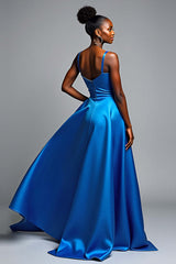 Dreamyannie V-Neck Royal Blue Wedding Guest Dress Long Satin Formal Dress With Slit