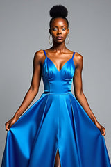 Dreamyannie V-Neck Royal Blue Wedding Guest Dress Long Satin Formal Dress With Slit