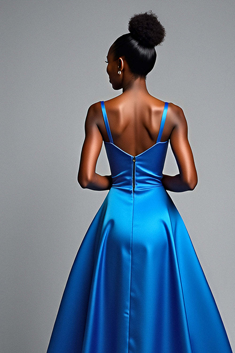 Dreamyannie V-Neck Royal Blue Wedding Guest Dress Long Satin Formal Dress With Slit