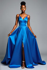 Dreamyannie V-Neck Royal Blue Wedding Guest Dress Long Satin Formal Dress With Slit