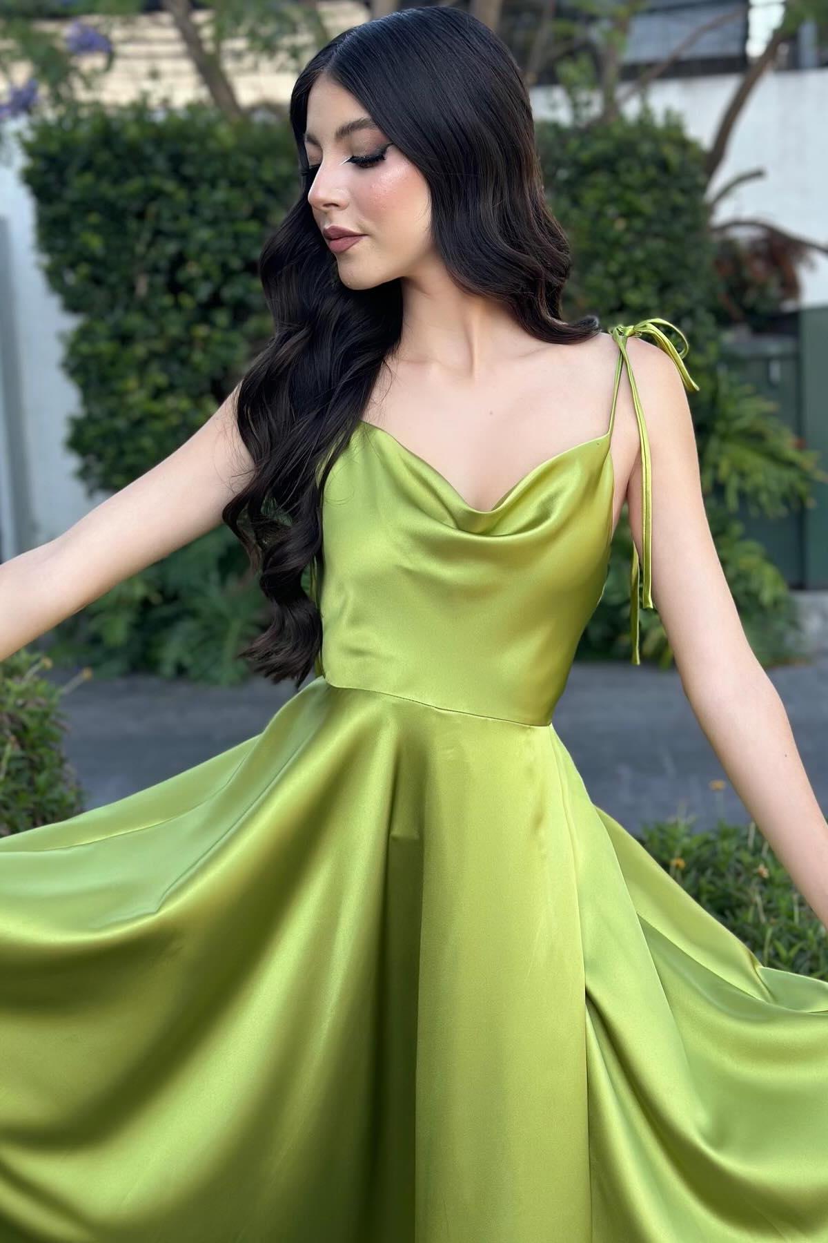 Dreamyannie Vintage A Line Satin Off The Shoulder Sleeveless Green Prom Dress Formal Dress With Slit